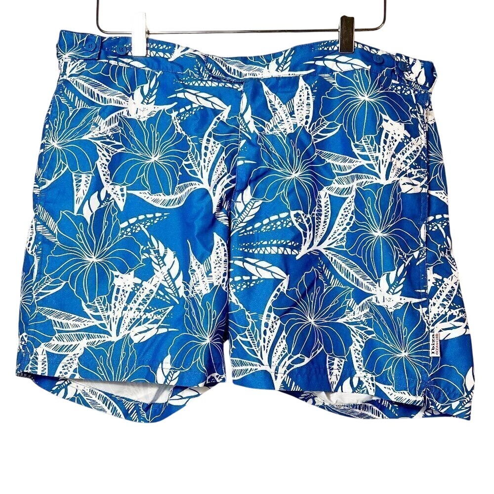 Ibiza Ocean Club Men's Swim Trunks Blue Aloha White Floral Hibiscus Size 34‎